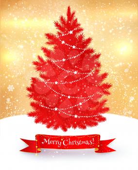 Vector illustration of Christmas postcard in red and gold colors with fir tree and ribbon banner. 
