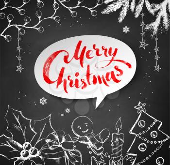 Chalk drawn vector Christmas illustration of traditional festive objects and white banner with lettering on green background.