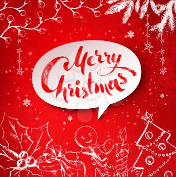 Christmas vector illustration of traditional festive objects and white banner with lettering on red background.