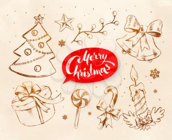 Christmas vintage line art vector set with festive objects and lettering banner.