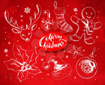 Christmas vintage line art vector set with festive objects and lettering banner on red grunge background with sparkles.