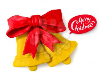 Hand made plasticine figure of Christmas bells with shadow and red lettering banner on white background.