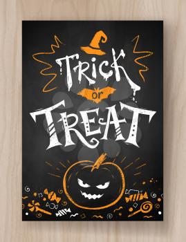 Trick or Treat Halloween postcard color chalked design with lettering, pumpkin and candies on wood background.