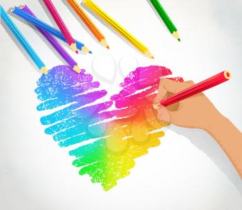 Top view vector illustration of hand drawing rainbow heart with color pencils on paper background.