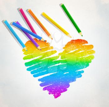 Vector sketch of rainbow colored heart with color pencils on paper background.