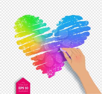 Vector sketch of hand drawing rainbow colored heart with chalk on on transparency background.
