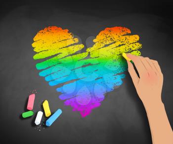 Vector sketch of hand drawing rainbow colored heart with chalk on blackboard background.