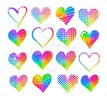 Vector collections of grunge rainbow colored hearts isolated on white.