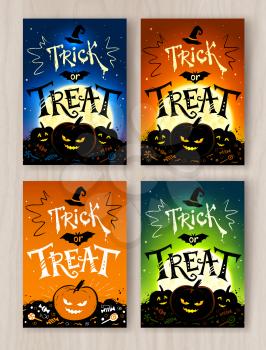 Trick or Treat Halloween postcards designs collection with lettering, pumpkins and moonlight on wood background.
