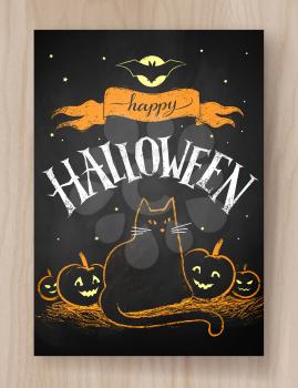 Halloween postcard color chalked design with lettering, black cat and pumpkins on wood background.