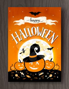 Halloween postcard design with lettering, moon and pumpkins on wood background.