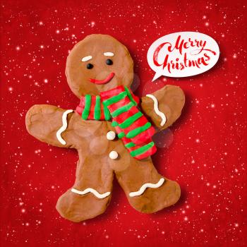 Vector hand made plasticine illustration of gingerbread man cookie with shadow isolated on red festive grunge bacground with snowfall and light sparkles.