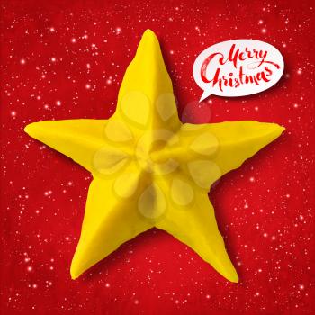 Vector hand made plasticine figure of Christmas star with shadow isolated on red festive grunge bacground with snowfall and light sparkles.