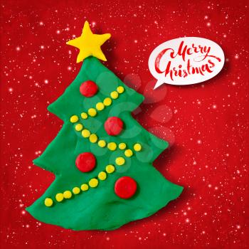 Vector hand made plasticine illustration of Christmas Tree with lettering banner with shadow isolated on red festive grunge bacground with snowfall and light sparkles.