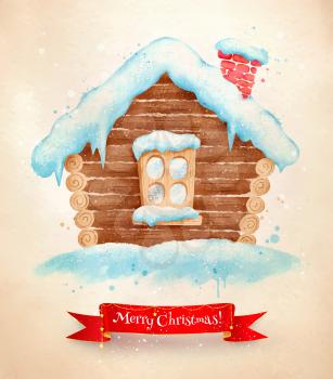 Christmas vintage vector watercolor postcad with winter snowbound house and red ribbon banner