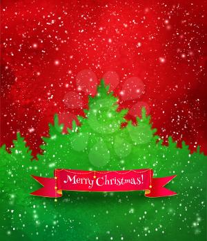 Christmas red and green background with falling snow, spruce forest silhouette and ribbon banner. 