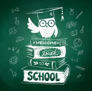 Vector drawing of owl sitting on books with Welcome Back to School lettering on green chalkboard background.