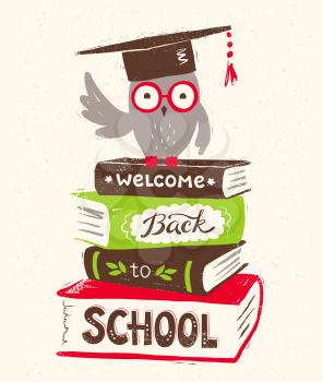 Vector illustration of owl wearing mortarboard sitting on books with Welcome Back to School lettering.