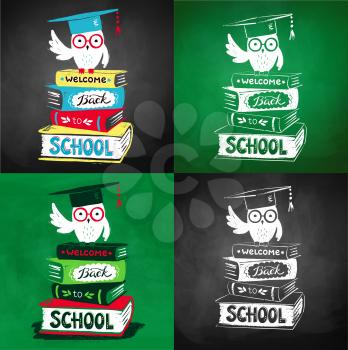 Vector collection of illustrations with owl wearing mortarboard sitting on books with Welcome Back to School lettering on chalkboard background.