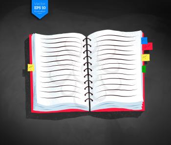 Top view vector illustration of opened school notebook with bookmarks and shadow on chalkboard background