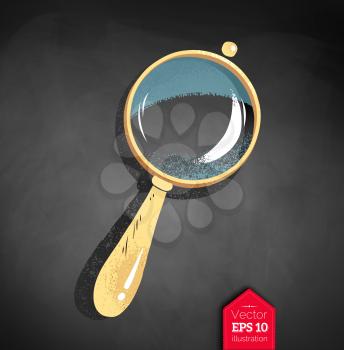 Top view vector illustration of magnifying glass on chalkboard background