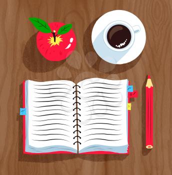 Top view vector illustration of notebook, apple and cup of coffee on wood surface background.