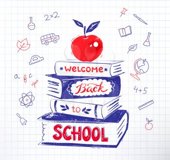 Vector illustration of apple on books with Welcome Back to School lettering on on checkered paper background.