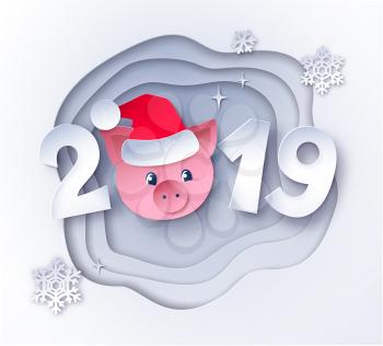 Vector cut paper art style illustration of 2019 numbers lettering with cute piggy face in Santa hat on layered shapes banner background. with snowflakes.