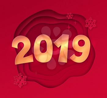 New Year vector cut paper art style gold colored illustration of 2019 numbers lettering on red layered shapes background.