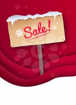 Vector cut paper art style illustration of Sale signboard with snow on red layered shapes background.