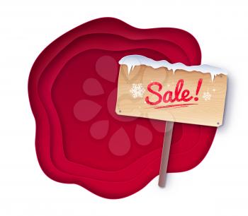 Vector cut paper art style illustration of Sale signboard with snow  and red layered shapes banner.