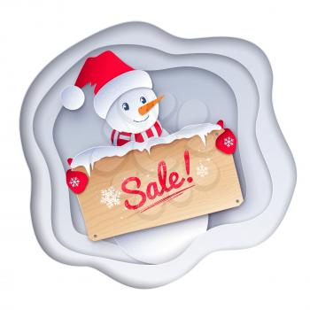 Vector paper cut style illustration of cute Snowman character with sale wooden signboard on white layered shapes banner background.