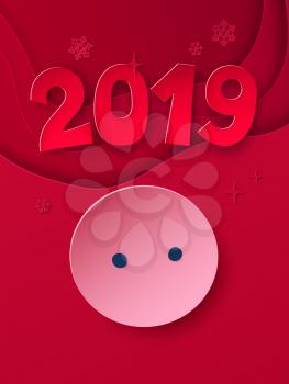 Vector cut paper art style illustration of 2019 New Year postcard with Pig nose on red layered background.