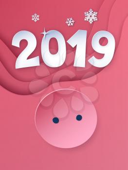 Vector cut paper art style illustration of 2019 New Year postcard with Pig nose on pink layered background.