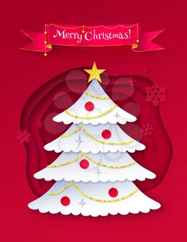 Vector paper cut style postcard of decorated fir tree with Merry Christmas scroll banner.