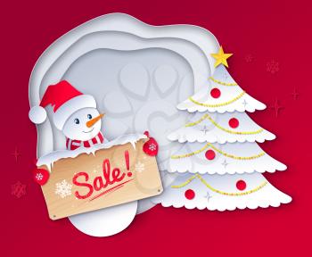 Vector paper cut style illustration of cute Snowman character with sale wooden signboard on Christmas tree and white layered shapes banner background.