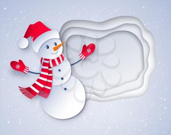 Vector cut paper art style illustration of Snowman wearing santa hat and scarf isolated on white layered banner and snowfall background.