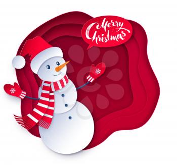 Vector cut paper art style illustration of Snowman wearing santa hat on red layered banner background.