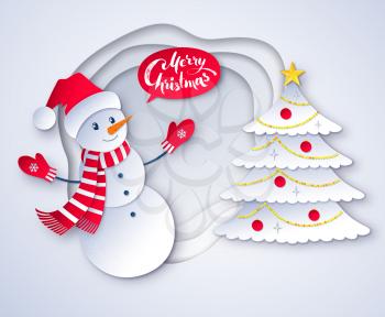 Vector cut paper art style illustration of Snowman wearing santa hat on  Christmas tree and layered banner background.
