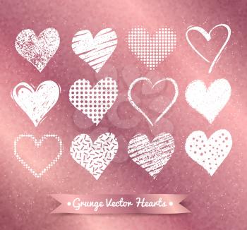 Vector collections of white grunge Valentine hearts on rose gold glitter background.