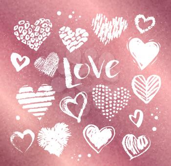 Vector collections of white grunge Valentine hearts with Love word lettering on rose gold glitter background.
