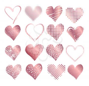 Vector collections of rose gold grunge Valentine hearts on white background.