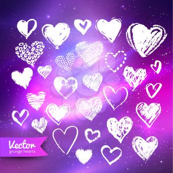 Vector collection of hand drawn white grunge doodle hearts on ultraviolet outer space background.
