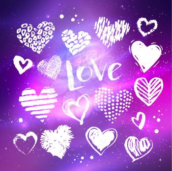 Vector collection of hand drawn white grunge doodle hearts on ultraviolet outer space background.