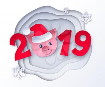 Vector cut paper art style illustration of red 2019 numbers lettering with cute piggy face in Santa hat on layered shapes banner background with snowflakes.