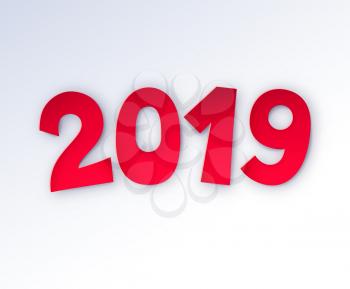 New Year vector cut paper art style illustration of 2019 red colored numbers on white background.