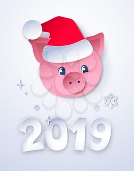 Vector paper cut style postcard with white 2019 date numbers and cute New Year Pig character.