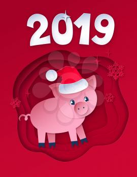 Vector cut paper art style illustration red colored postcard of New Year Pig and white 2019 numbers.
