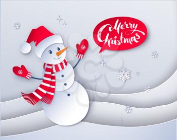 Vector cut paper art style illustration of Snowman wearing santa hat on Merry Christmas lettering banner and snowdrifts background.