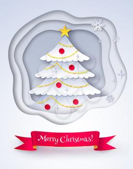 Vector illustration of decorated fir tree inside paper cut layered shapes and red Merry Christmas banner.